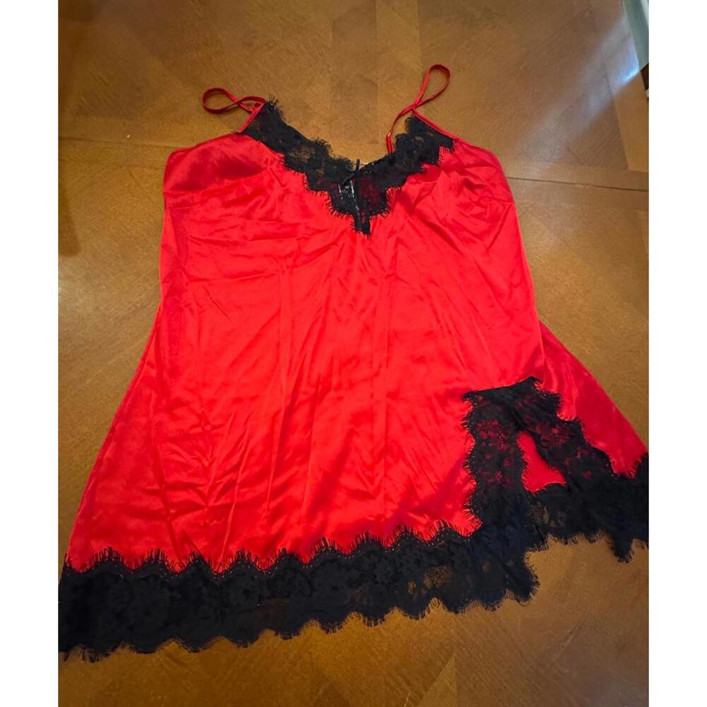 Red Satin Nightgown with Black Lace Trim